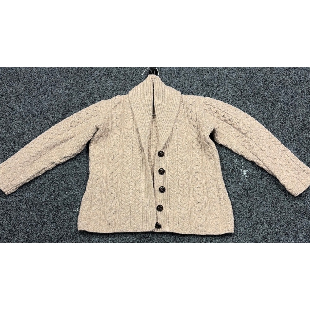 Aran Woollen Mills Cardigan Women M Tan Merino Wool Shawl Collar Irish Knit